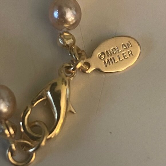 VINTAGE NOLAN MILLER FAUX PEARL NECKLACE GOLD-TONE CLEAR RHINESTONE PENDANT 14" - Picture 3 of 3